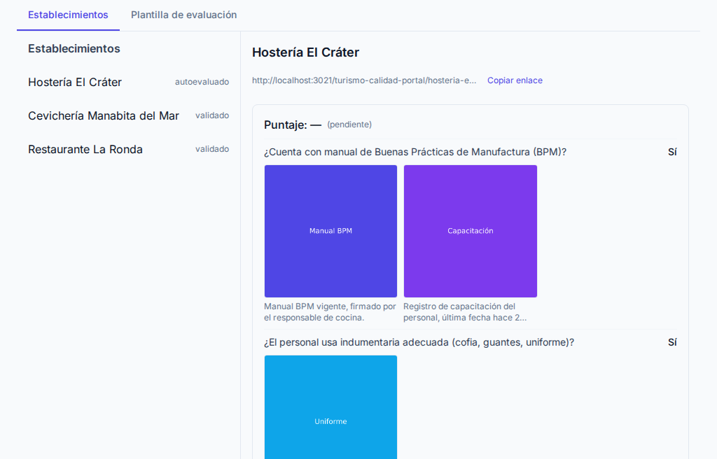 Respuestas y evidencia de la autoevaluación, visibles para el técnico antes de aprobar u observar.