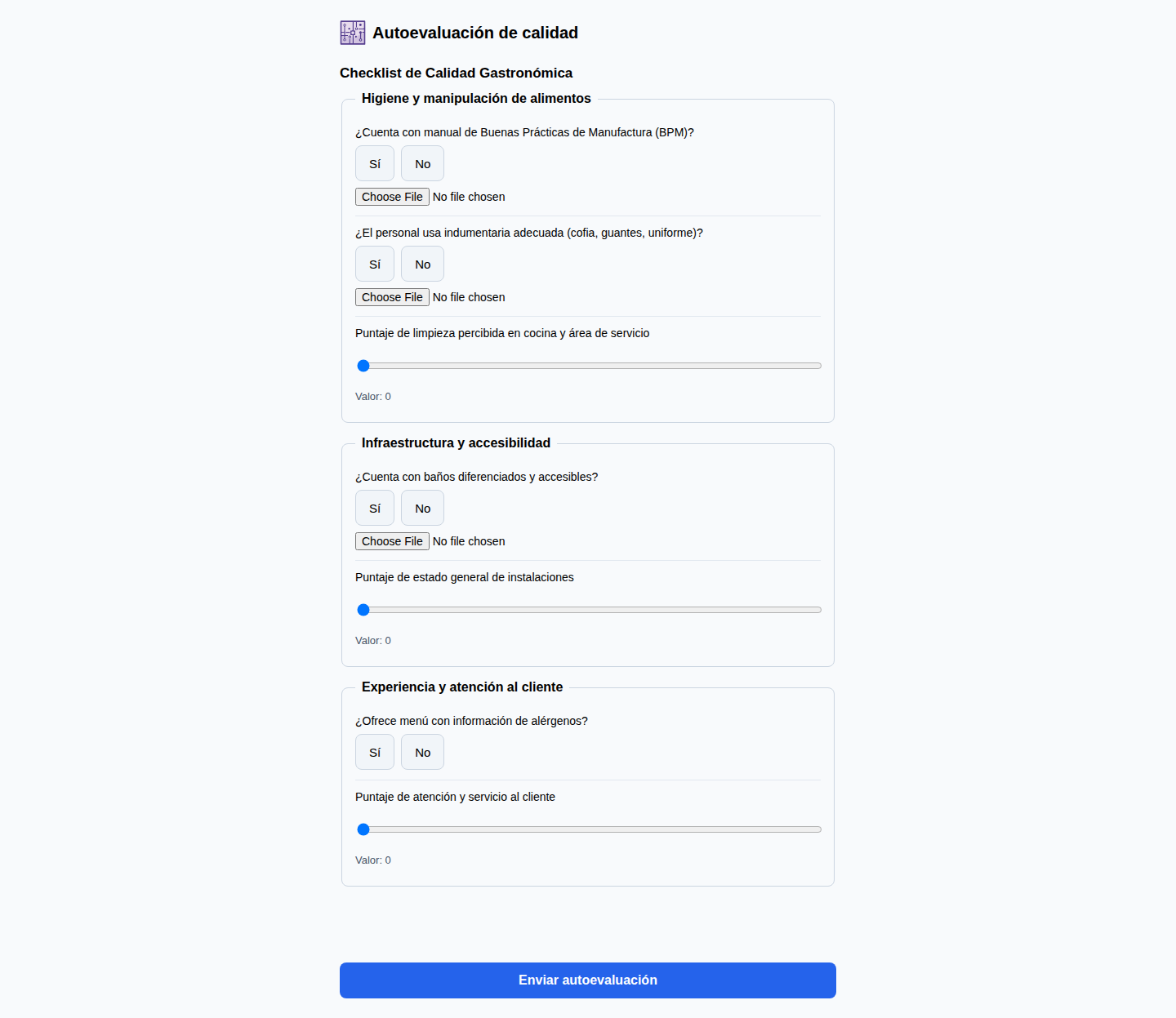 Portal público de autoevaluación: checklist por dimensiones con carga de evidencia fotográfica.