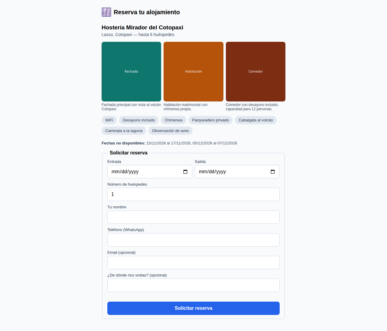 Ficha pública de un alojamiento: servicios, experiencias, fechas ocupadas y formulario de reserva.